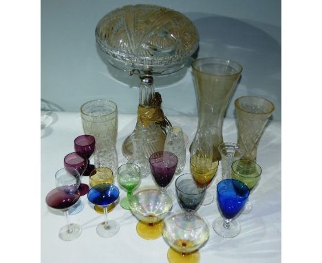 Cut glass lamp and 8 vases , and a group of coloured glasses (2 boxes)