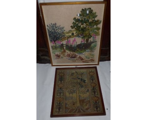 An Art nouveau tapestry with a central tree , 53 cm x 60 cm and a large wool work scene 63 cm x 79 cmDamage to one corner on 