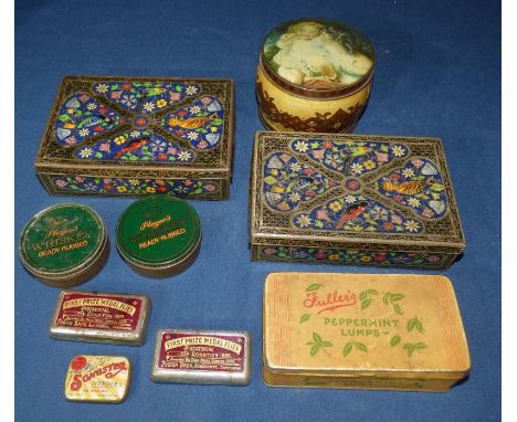 Collection of old tins , the matching pair are for C W S biscuits , 5 cm high , 17 cm x 11.5 cm diameter , a fuller's pepperm