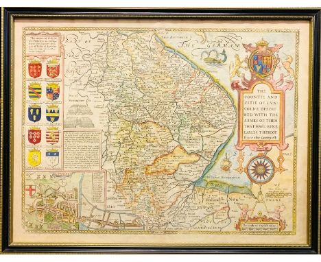 John Speed (1552-1629). Map of Lincolnshire, c.1676, hand-coloured copper engraving on laid/chain-lined paper, featuring armo