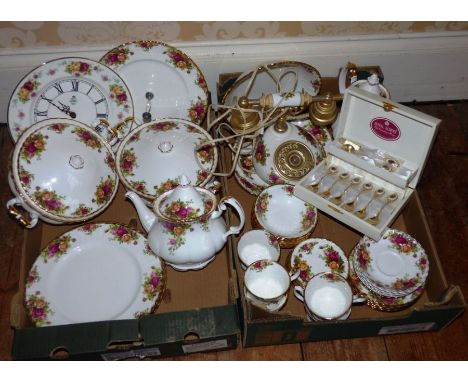 Large quantity of Royal Albert old country roses  in 2 boxes teapot , coffee pot , clock 2 tureens , cake stand , boxed set o