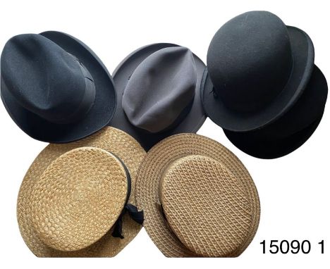 Vintage gents hats including 1930/40's examples, two straw boaters, two bowler hats, two Homburgs
