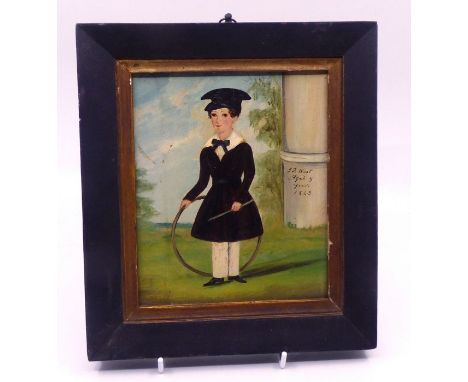 Oil on board painting of a boy playing with a hoop , named and dated  J B West aged 9 years 184921,5 cm x 19 cmgood condition