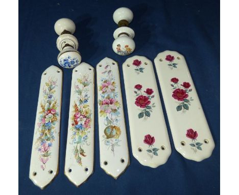 mixed ceramic door furnishing , to include 2 door handle sets , 3 Victorian door mounts , 30 cm long and a pair of later door
