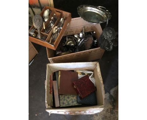 Two boxes of assorted silver plate and metal items, one box containing mainly loose flatware, plated teapot, pedestal dish, s