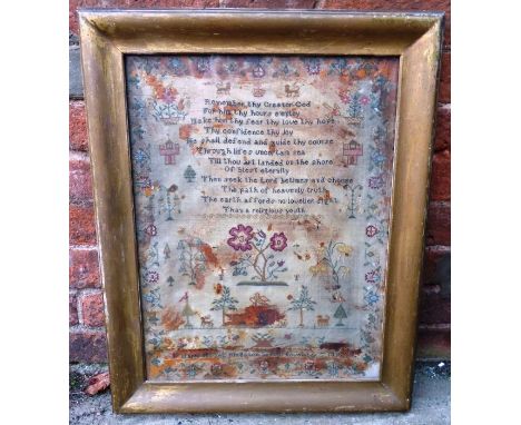 A William IV  needlework sampler, embroidered by Marla Hazell Kingston school November 7 1838 in a contemporary frame 53.5 cm