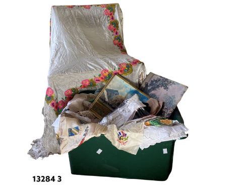 one box of table linens including tablecloths and doilies etc, along with nylon hankies in a box, women's gloves, vintage nyl