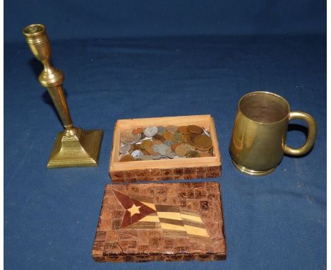 First World war candlestick , inscribed Ypres 1916 Capt A C p Ingram RE , 23.5 cm high , a wooden box of coins and a EPNS mug