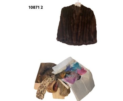 One box of fancy millinery feathers including ostrich and brightly dyed, a dyed 1940's Coney fur cape, and a box of fur colla