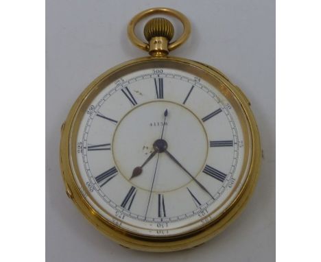 An 18ct. gold gentleman's pocket watch, the enamel dial with roman numerals , gross weight 145g. 5.5cm diameter . some small 