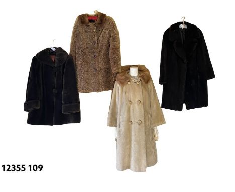 One mink coat with embroidered lining, one 1950's fun fur, one 1960's sheepskin coat with mink colour, one cream 1950's mohai