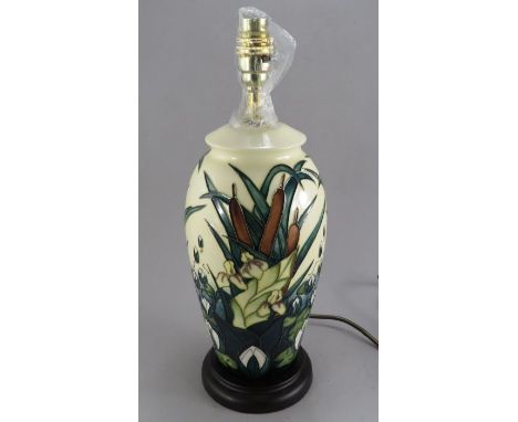 A twentieth century Moorcroft vase-shaped lamp decorated with bull rushes. 39 cm tall. (1)Condition: in good condition