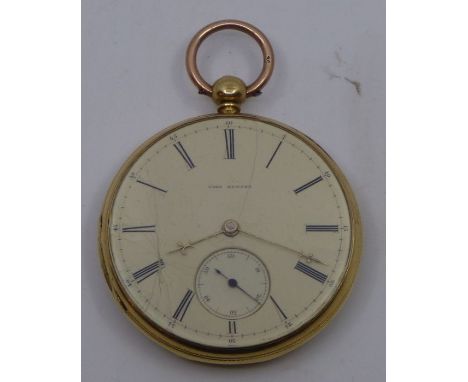 An 18ct. gold gentleman's pocket watch, the enamel dial with roman numerals and stamped time keeper , a monogram on the back 