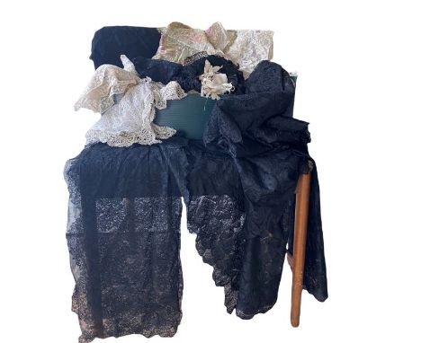 A box of antique and vintage lace trims with silk ribbons and upholstery trims, there is a small collection of Victorian mach