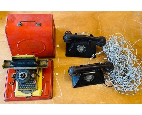 2x Bakelite Toy Telephones &amp; 1x Tinplate Toy Typewriter&nbsp;