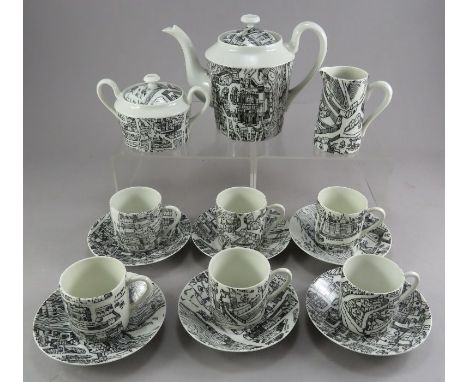 A French porcelain Limoges transfer-printed tea service. It is decorated with townscapes to each piece. Marked to the undersi