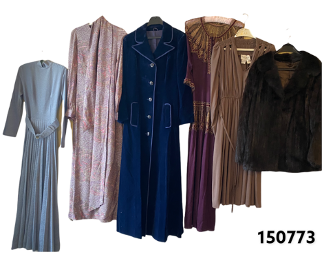 A collection of 1960's vintage including a brown mink jacket, a full length 1960/70's blue velvet coat, a Janice Wainwright d