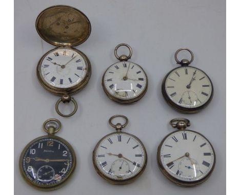 5 silver and 1 chrome gentleman's pocket watches, the silver with enamel dial with roman numerals and the chrome ordinary num