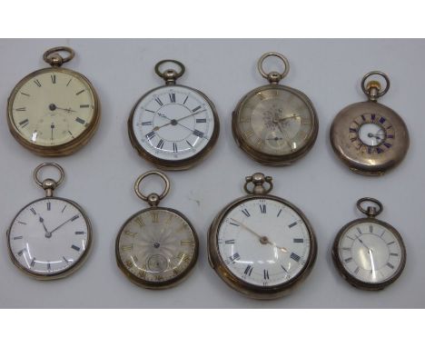 6 silver , 1 gold plated gentleman's pocket watches and a ladies silver watch , the enamel dials with roman numerals ,the  la