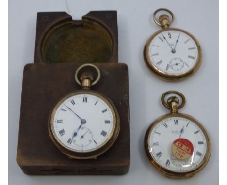 3 gold plated gentleman's pocket watches, the enamel dials with roman numerals , the largest 5cm diameter , sold as seen (3)
