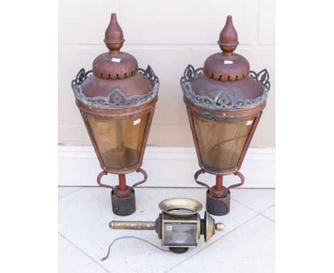 A pair of early 20th century metal lanterns by D.W. Windsor, with makers mark stamped to the front 78cm, together with an ear