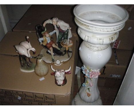A Capodimonti figure group "The Dentist", plus other figures and a large bisque planter.