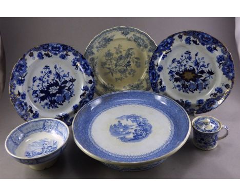 Collection of blue and white transfer printed pottery . consisting of a cheese stand made for J Spicer Dorchester , 30cm , 2 