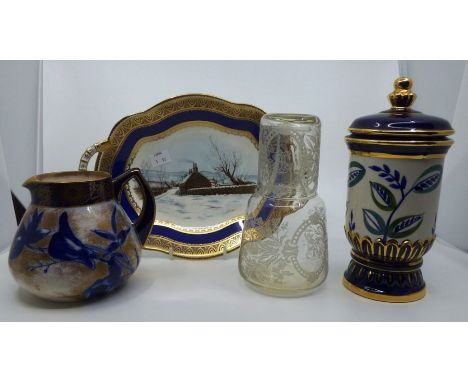 A Coalport dish with a winter scene , crown Devon vase and cover , Doulton jug and a glass ware bottle with a drinking glass 