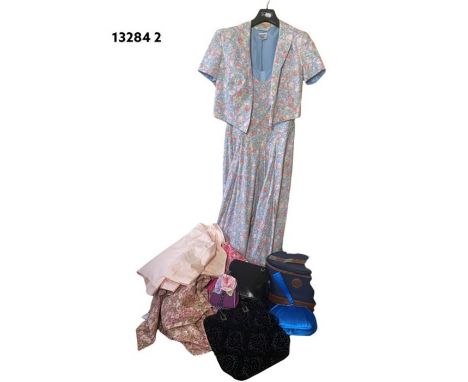 Five Laura Ashley vintage dresses, complete with jackets, plus a selection of evening bags and a vanity case (one bag)