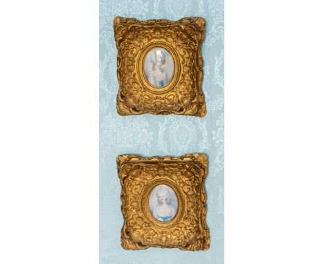 Two 19th century portrait minutes of young women, in gilt frames, 27cm x 24cm (2)Please note this item is at an offsite locat