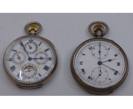 2 silver gentleman's pocket watches, the enamel dial with roman numerals 48 cm and 50cm diameter both appear to be working (2