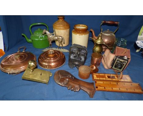 miscellaneous collection , consisting of 2 Victorian copper warming pans , Brownie camera , brass jockey on a horse , 2 cribb