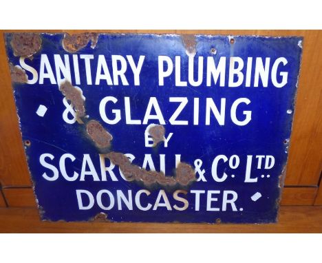 An enamel advertising sign for Sanitary plumbing and glazing by Scargall & co ltd Doncaster . 61 cm x 46 cm