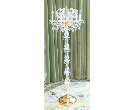 Two mid to late 20th century, electric six armed ornate brass floor lights with crystal drops 148cm high (2)Please note this 