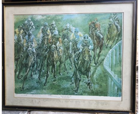 Jack Lawrence Miller (British 20th Century) a Print of Tattenham Corner, Derby , 1970, mounted framed and glazed (some foxing