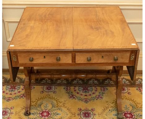 A 19th century mahogany crossbanded drop-leaf sofa table , moulded rectangular top with rounded edges and boxwood inlay, two 