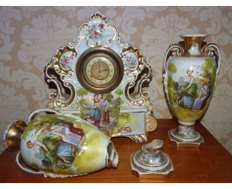 Ceramic clock garniture circa 1900 , clock 45 cm1 vase broken 