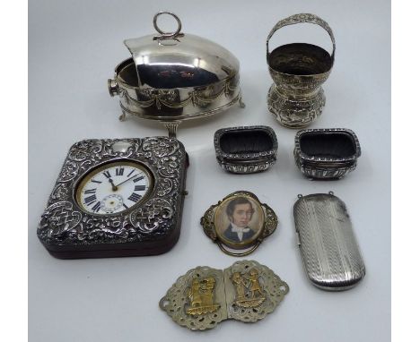 A Goliath nickel silver pocket watch in a silver case&nbsp; , a pair of silver salt cellars , a silver plated spoon warmer , 