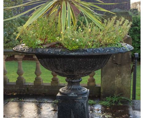 A pair of cast iron garden jardinieres, possibly Coalbrookdale on concrete stands,102cm H x 110cm DPlease note this item is a