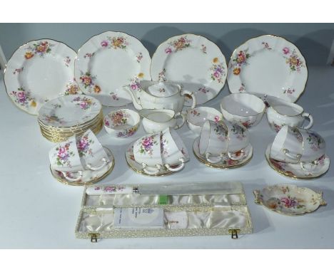 Royal Crown Derby tea service , in the Derby posies pattern teapot , 2 jugs , 3 sugar bowls in 2 sizes , sppon tray , 10 side