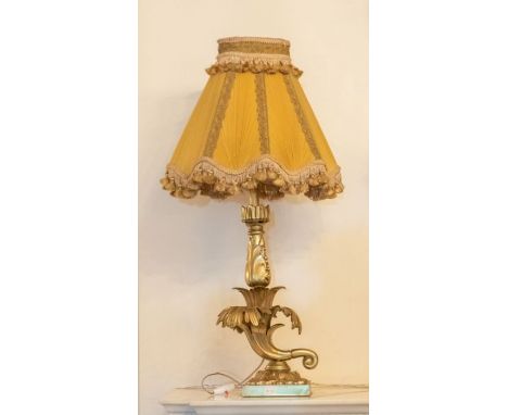 A pair of fine late 19th/ early 20th century gilt metal table lamps with shades 79cm H (2)Please note this item is at an offs