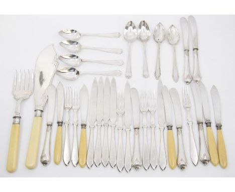 &nbsp;Set of six George V silver dessert knives and forks, Sheffield 1929, Maker: R&amp; B, 21.6 oz, together with pair of pl