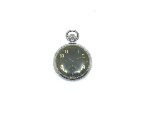 A British Military issued Swiss made pocket watch, initials and service number stamped to the reverse, the dial discoloured a