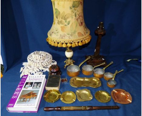 A group pf copper and brass , 2 lamps , a lampshade made from ses shells , a liquid thermometer and other items . ( 1 box )