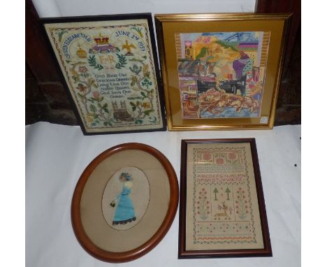 4 needlework pictures , including a sampler , a needlework commemorating the coronation of  Queen Elizabeth II in 1953 . a ta