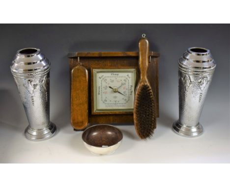 Boxes and Objects - an Art Deco silver and brown Bakelite sugar bowl, Birmingham 1944; a pair of chrome vases; oak barometer 