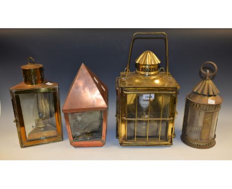 Lighting - an unusual triangular wall mountable carriage lantern, tin reflector, unmarked; others, cylindrical; etc.; part co