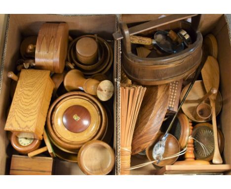 Treen - hand turned bowls; boxes and covers; egg timer; fruit bowls; wall barometers; candlesticks; egg stand; cruet set; lam