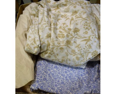 Textiles - a pair of Laura Ashley curtains, fabric and lining, decorated with fanciful birds, flowers and foliage on a cream 