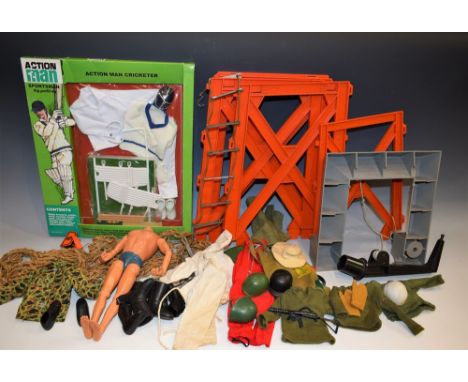 Toys - a quantity of Action Man accessories, Action Man cricketer clothing, boots, etc